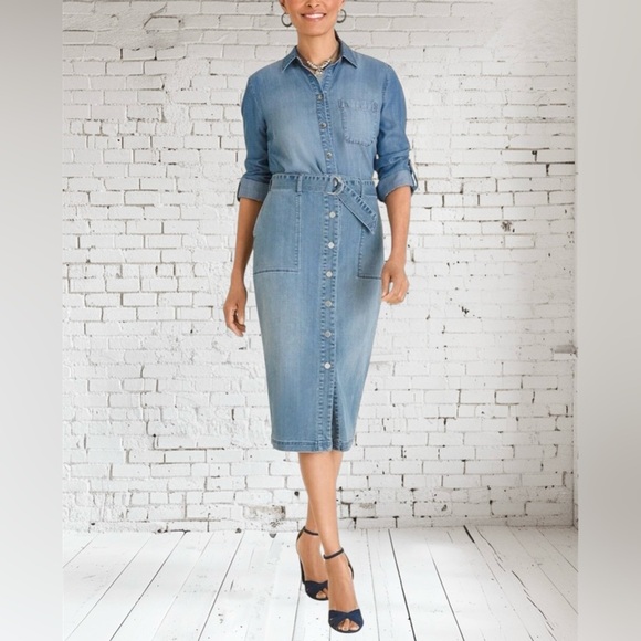 NEW Chicos Button-Front Belted Denim Midi Skirt Medium Indigo Wash Women 2.5/14 - Picture 1 of 8